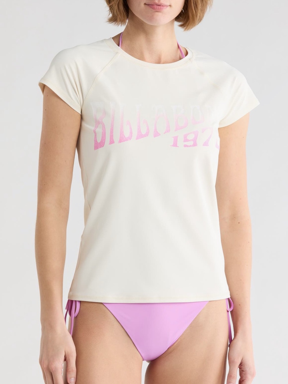 NEW BILLABONG 1973 Cream Short Sleeve Rash Guard - Pink Logo